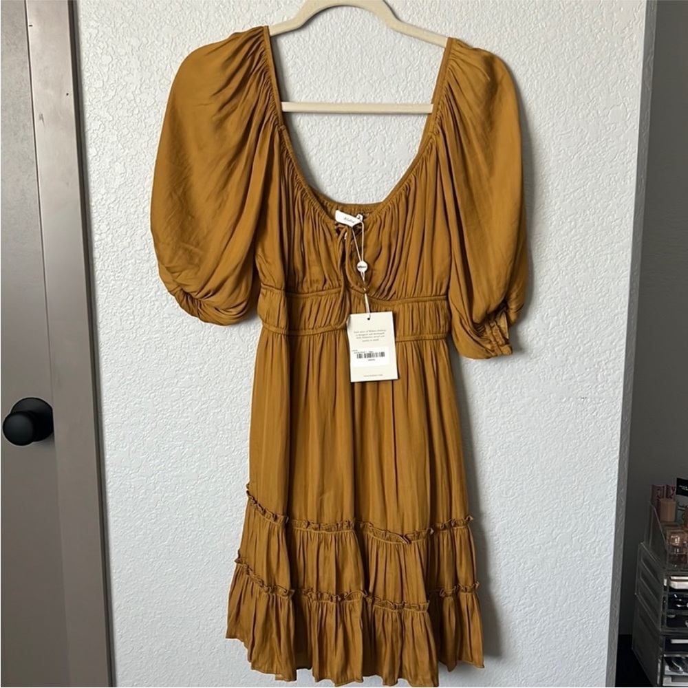 Bohme Golden Puff Sleeve Mini Dress